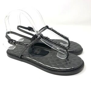 Chanel Metallic Chain Link T-Strap Sandals Womens 37 C US 6.5 Black Quilted